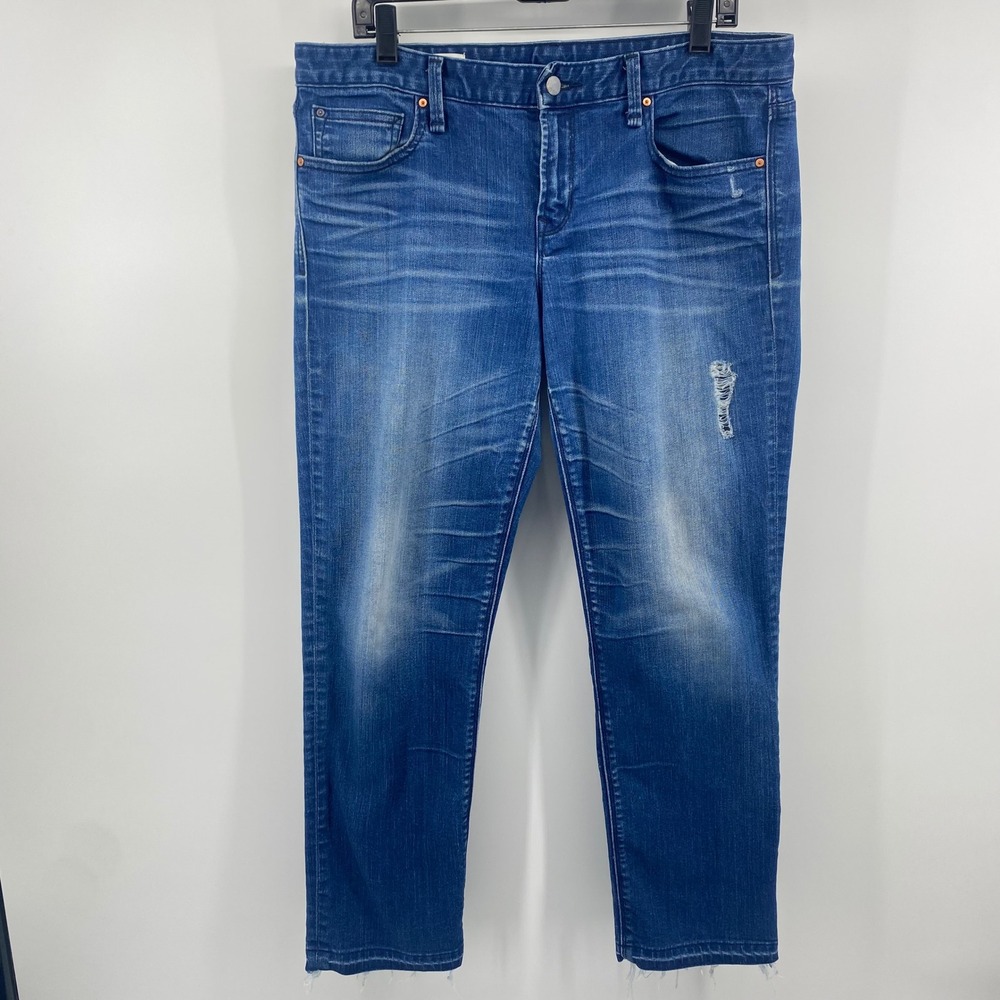 Gap Real‎ Straight Jeans Womens 31 Blue Bayside Wash Distressed Raw Hem Denim